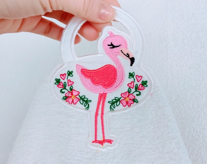Little pretty flamingo with flowers and hearts towel hanging hole in the hoop ITH machine embroidery design, ITH project hoop 4x4, 5x7, 6x10