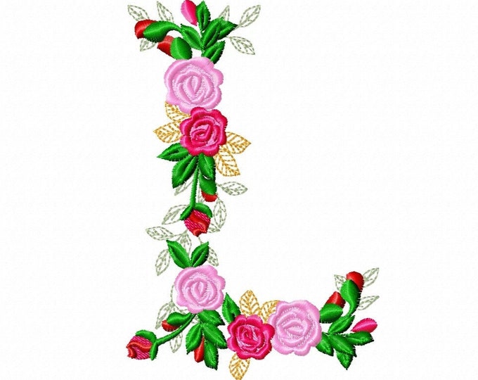 Delicate Roses Floral letter L garden flag monogram flowers flower flowered Font machine embroidery designs 3.5, 4, 5, 6, 7, 8 in