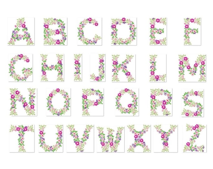 Country Floral whole entire alphabet garden flag monogram liberty fashioned flowers flower Font machine embroidery designs 4, 5, 6, 7, 8 in