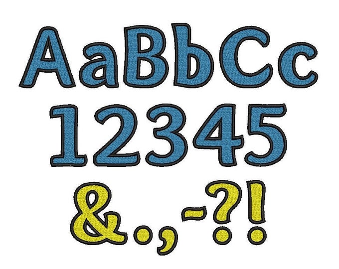 Block bold fill stitch and solid outline kids font alphabet letters machine embroidery designs in assorted sizes and formats, BX included