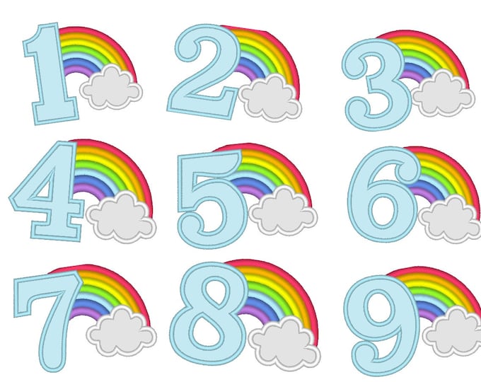 Rainbow Birthday Numbers machine embroidery applique designs size 4, 5, 6, 7, 8 inches, rainbow in clouds kids birthday numbers SET 1-9