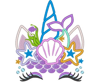 Mermaid Sea Unicorn head with shell and star crown applique machine embroidery designs Summertime unicorn face nautical, sea