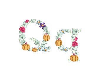 Pumpkin Floral letters Q and q uppercase and lowercase letters Qq Thanksgiving monogram machine embroidery design small mini floral garden