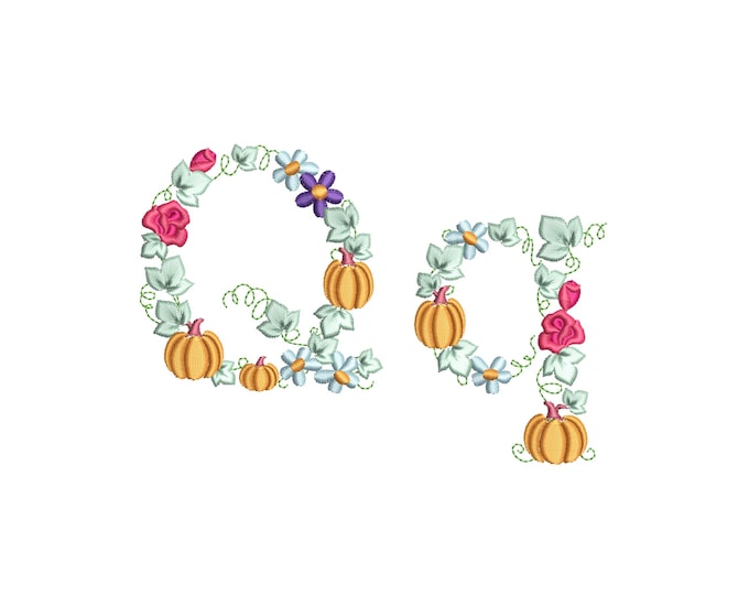 Pumpkin Floral letters Q and q uppercase and lowercase letters Qq Thanksgiving monogram machine embroidery design small mini floral garden