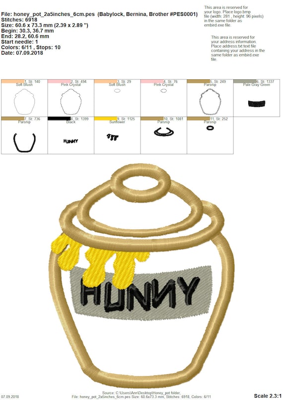 Honey Pot Winnie the Pooh Machine Embroidery Applique and Fill Stitch  Designs INSTANT DOWNLOAD 