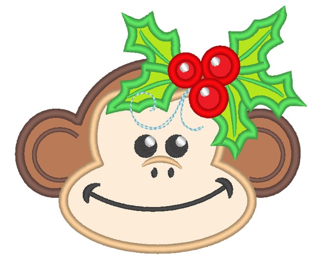 Cute Monkey Holly leaves crown Machine Embroidery Applique Design Christmas monkey head with floral crown Merry Christmas