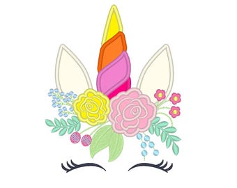 Unicorn head with shabby chick floral crown applique - machine embroidery designs applique Rainbow unicorn embroidery Rainbow unicorn face