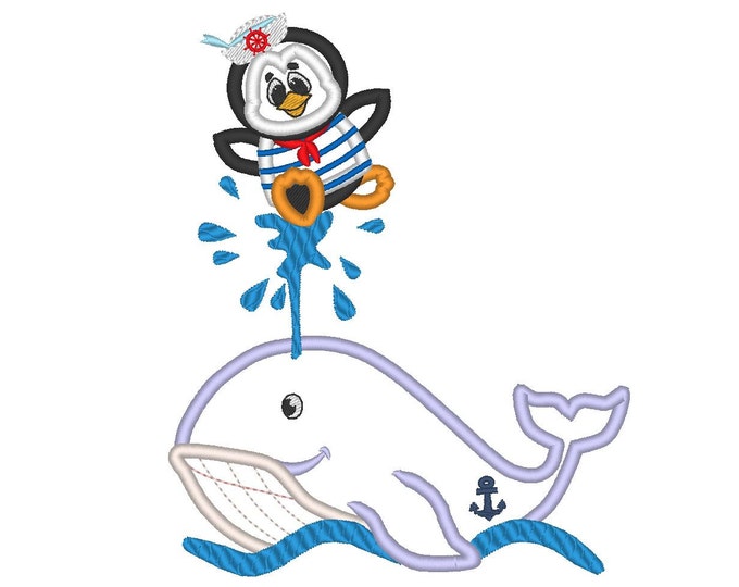 Nautical Penguin with whale - best friends - machine embroidery applique designs, 4x4, 5x7 and 6x10 INSTANT DOWNLOAD