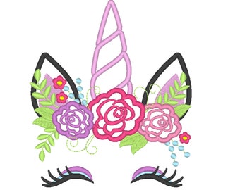 Pretty eyes, eyelashes shadow Unicorn head with shabby chick roses crown applique machine embroidery designs Rainbow unicorn embroidery face