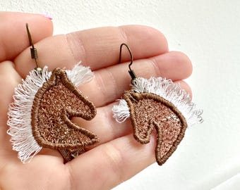 Horse Head fringed fluffy hair Cowgirl earrings or charm in the hoop FSL freestanding lace machine embroidery designs size approx 1.5 inch