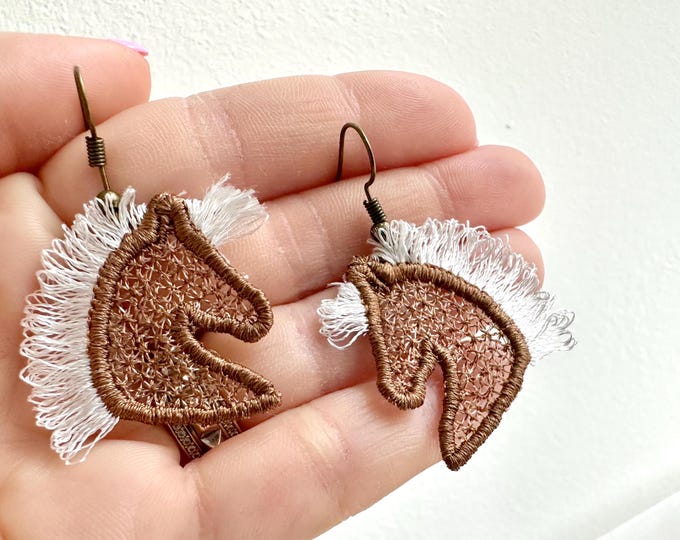 Horse Head fringed fluffy hair Cowgirl earrings or charm in the hoop FSL freestanding lace machine embroidery designs size approx 1.5 inch