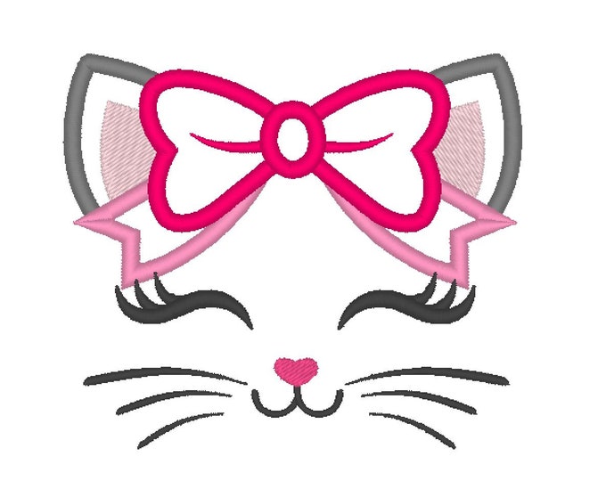 Kitty with bow Cute kitty cat girl pretty eyes cat face Applique machine embroidery designs for hoop 4x4, 5x7 kids baby little kitten face