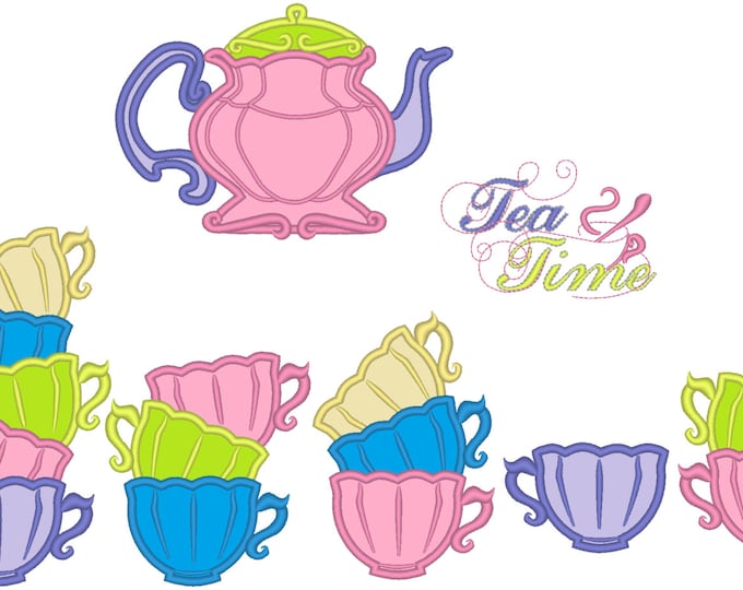 Big set , Stack of teacups, Tea party, Alice in Wonderland, curved Stack of teacups machine embroidery applique designs