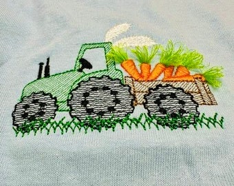 Light Stitch Easter Tractor Boys Design: Tractor with Ears Carrying Carrot Greens, Fringed in the Hoop, Light Stitch Design for Boys' Outfit