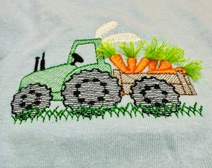 Light Stitch Easter Tractor Boys Design Tractor with Bunny Ears Carrying Carrot Greens Fringe in the Hoop fringed machine embroidery designs