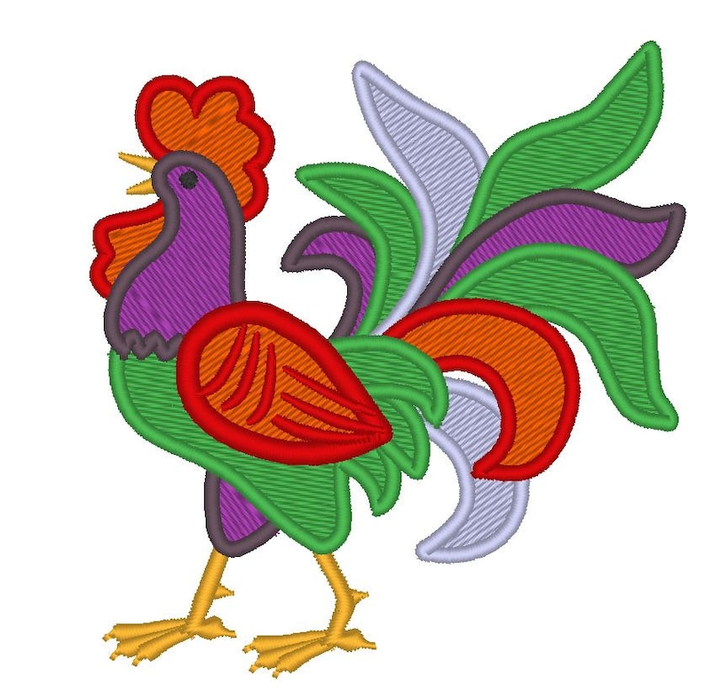May include: A colorful embroidered rooster with a purple body, orange and red comb, green and orange tail feathers, and yellow legs.