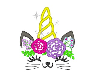 Unicorn kitty, cat, Unikitty Unicat Kitty face with shabby chick roses and unicorn horn machine embroidery applique designs
