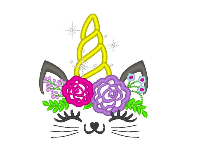 Unicorn kitty, cat, Unikitty Unicat Kitty face with shabby chick roses and unicorn horn machine embroidery applique designs