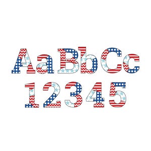 Patchwork USA-flaggan Blocktypsnitt mönstrade och konturerade alfabetsmonogram bokstäver patriotiska maskinbroderimönster storlekar 1 upp till 3,4 tum