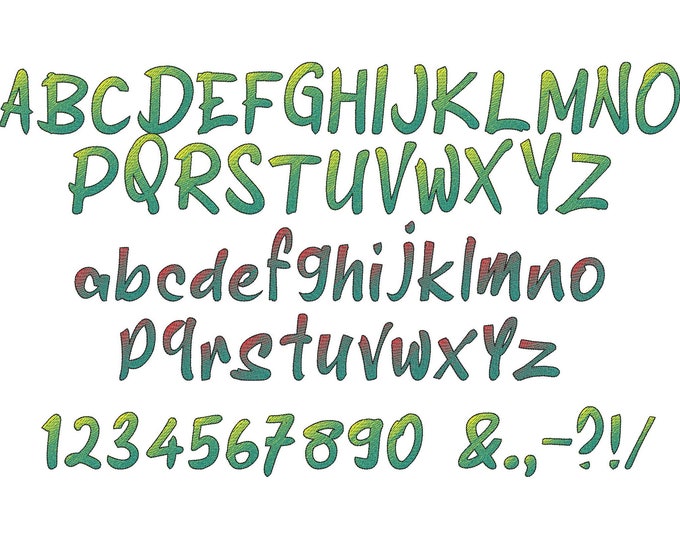 BX included! NO special thread! Rainbow iridescent 2 Color graffiti FONT alphabet machine embroidery designs gradient font in assorted sizes