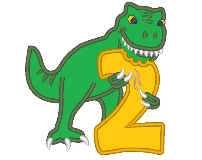 T-rex dinosaur Birthday number TWO 2 machine embroidery Birtday outfit designs - assorted sizes, for hoops 4x4, 5x7, 6x10  INSTANT DOWNLOAD