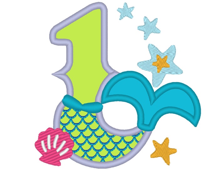 Mermaid Tail Birthday number, Mermaid number ONE 1 applique, Mermaid Kisses and starfish wishes 4x4 5x7 mermaid embroidery design