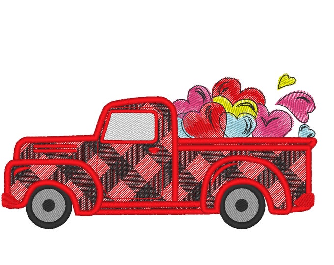 Light sketch drawn vintage station wagon red truck, with hearts in the back, with floating heart machine embroidery fill design 4x4 5x7 6x10