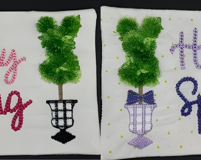 Fringed fluffy Bunny shape Topiary Tree SET of 2 types fringe ITH in the hoop fluffy fringed plant in pot machine embroidery designs 5x7