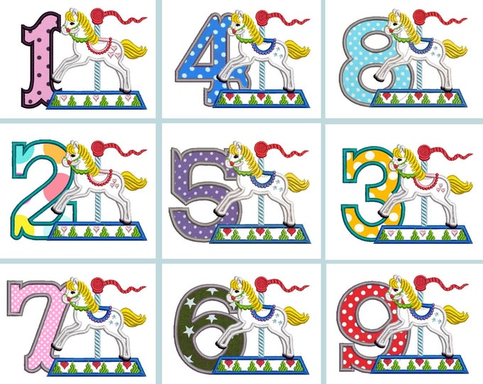 Carousel Horse rearing horse Birthday numbers set 1-9 monogram applique machine embroidery designs assorted sizes 5, 6, 7in INSTANT DOWNLOAD