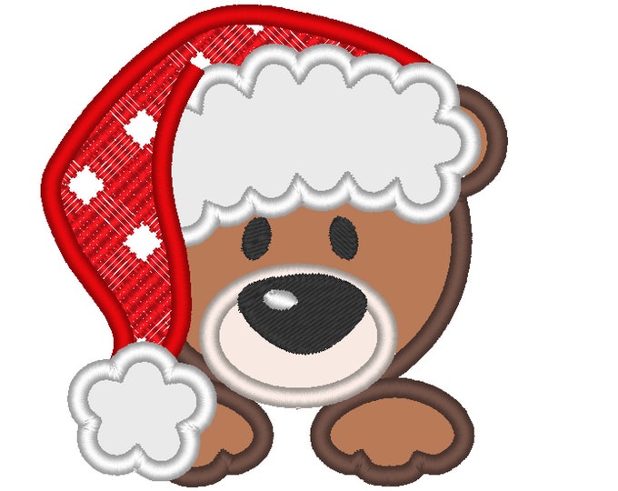 Teddy bear with Plaid Checked Christmas Santa hat machine applique designs assorted sizes, for hoops 4x4, 5x7, 6x10