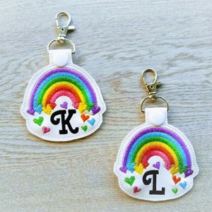Falling heart rainbow monogram alphabet A-Z key fob snap tab in the hoop ITH keyfob bag tag keychain machine embroidery designs for hoop 4x4