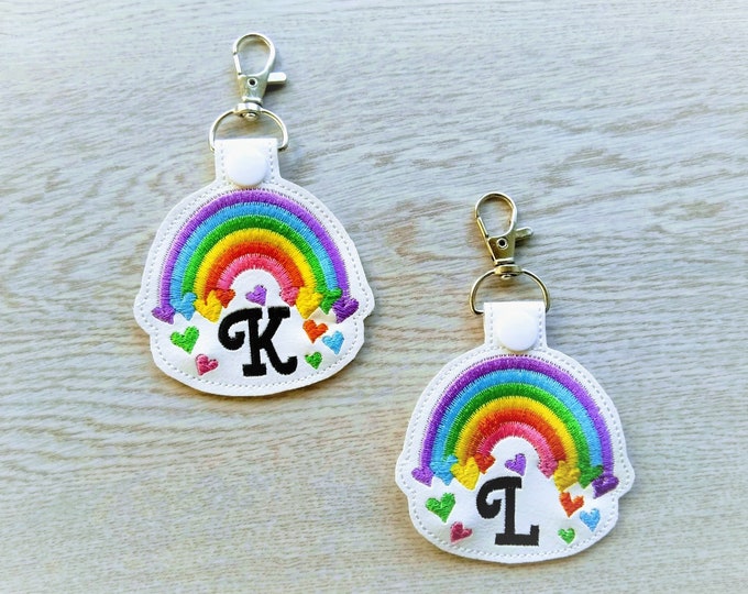 Falling heart rainbow monogram alphabet A-Z key fob snap tab in the hoop ITH keyfob bag tag keychain machine embroidery designs for hoop 4x4