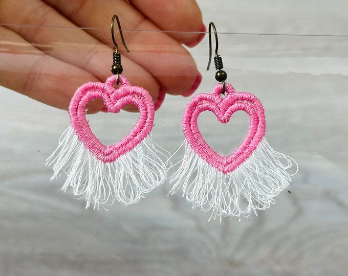 Cute Fluffy Heart earrings charm pendant FSL freestanding lace machine embroidery designs kids girl pretty fringed Valentine Heart lace ITH