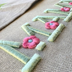 Puede incluir: Primer plano de la palabra "Mama" bordada en hilo verde claro sobre una tela beige. Cada letra tiene una flor rosa bordada.