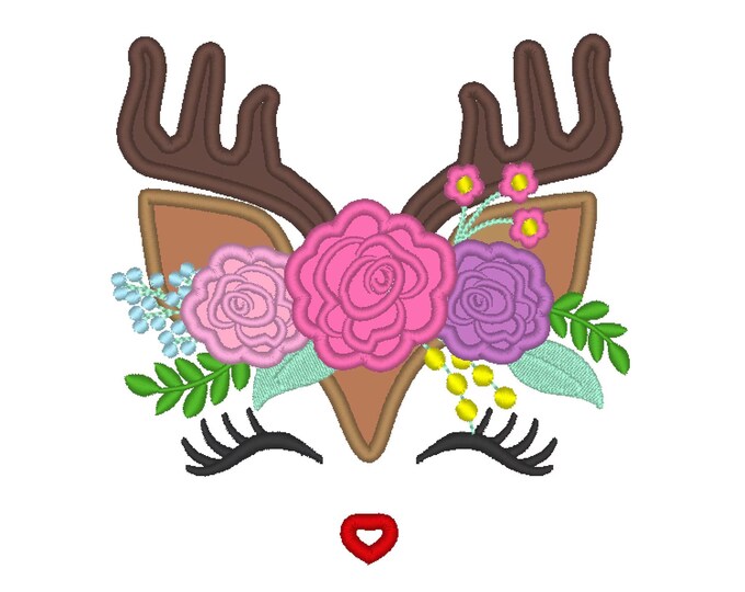 Pretty eyes deer head with shabby chic rose crown applique machine embroidery designs animal deer face kids girls t-shirt design