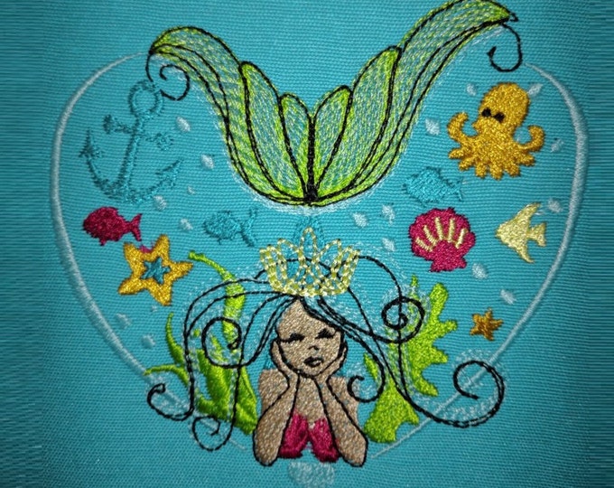 Mermaid heart sketch stitch outline bean triple, lock stitch embroidery designs 4x4 5x7 6x10 - mermaid simply urban curly embroidery design