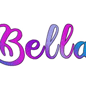 May include: A colorful, cursive font spelling the name "Bella" in a gradient of pink, purple, and blue.