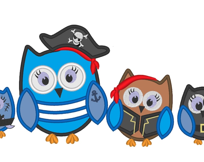 Pirate owls - machine embroidery applique designs, 4 types, many sizes for hoop 4x4, 5x7 kids boy pirate owl, cute and easy applique design