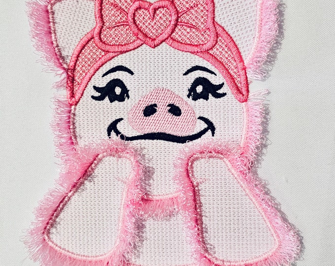 Cute little fringed Pig Piggie Piggy Piglet girl machine embroidery designs fluffy chenille farm animal bow bandanna fringe ITH in the hoop