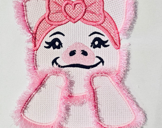 Cute little fringed Pig Piggie Piggy Piglet girl machine embroidery designs fluffy chenille farm animal bow bandanna fringe ITH in the hoop