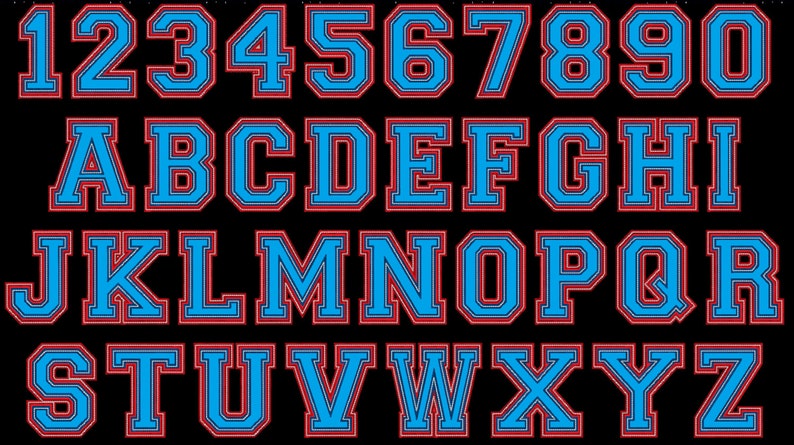 May include: A blue and red alphabet and number set with a bold, blocky font. The letters and numbers are outlined in red and filled in with blue.