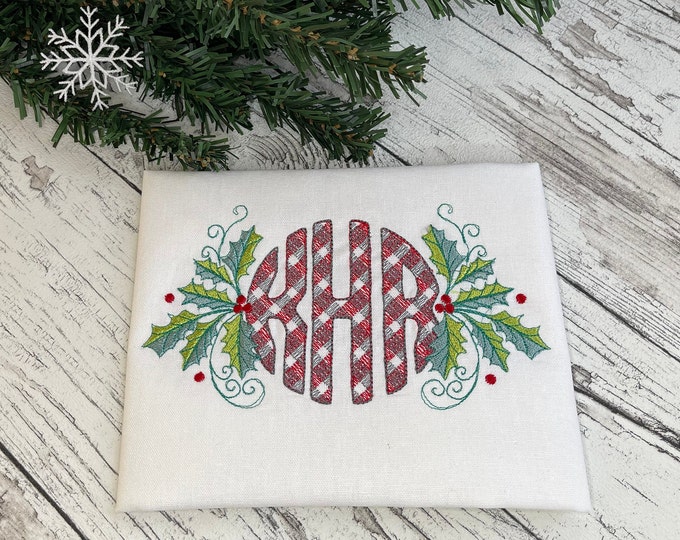 Plaid gingham checkered Diagonal Tartan Circle Monogram font A-Z machine embroidery designs many sizes Christmas Monogram and holly flower