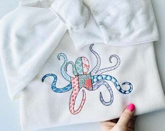 Patchwork Octopus patterned sea life ocean fish animal Tentacles outline machine embroidery designs sizes 4 up to 8in beach t-shirt design