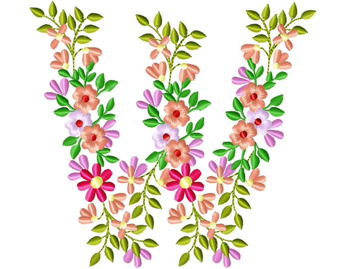 Country Floral letter W garden flag monogram flowers flower flowered Font machine embroidery designs monogram W only 3,5, 4, 5, 6, 7, 8 in