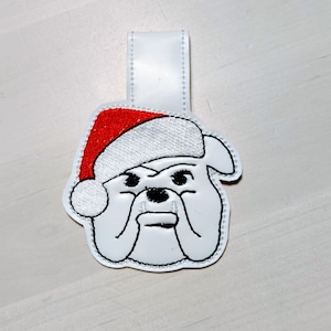 Christmas bulldog, Santa hat bulldog, bulldog pet key fob snap tab ITH keychain mini machine embroidery design feltie in the hoop project