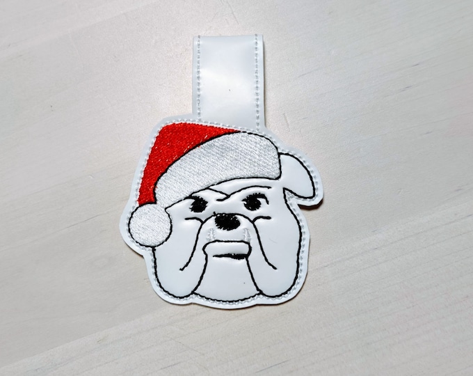 Christmas bulldog, Santa hat bulldog, bulldog pet key fob snap tab ITH keychain mini machine embroidery design feltie in the hoop project