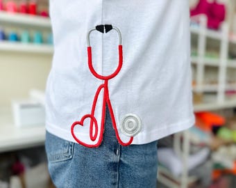 Therapist Medic Stethoscope Heart split seam side bow machine embroidery designs Doctor Nurse Valentine outfit tshirt sweatshirt embroidery