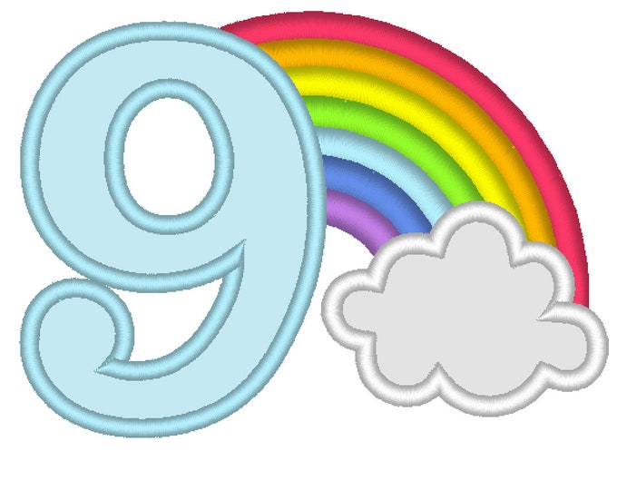 Rainbow in cloud Birthday Number 9 NINE machine embroidery applique designs assorted sizes, kids children kinder ninth birthday party