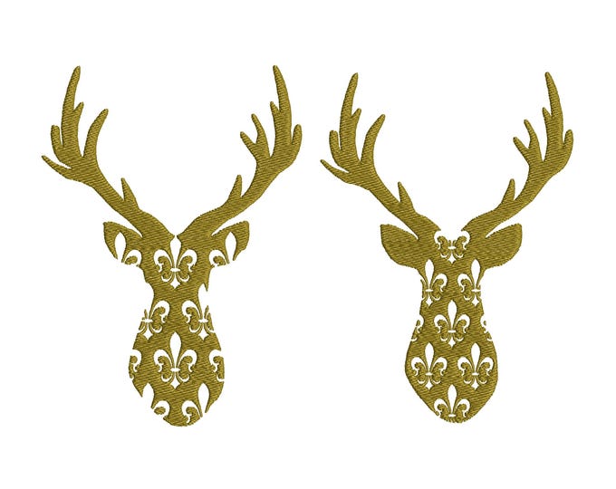 Deer Fleur de Lis Deer Outline fill stitch Machine embroidery designs sizes 4.5 up to 7 inch SET of 2 types Buck Deer head Antlers