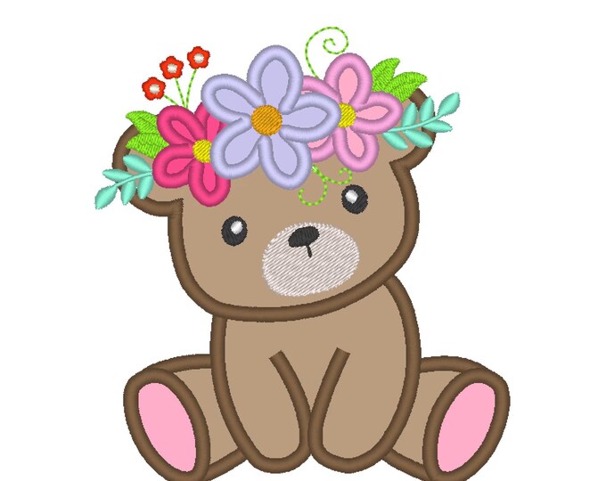 Little Teddy Bear with floral crown rose daisy flower bear baby kids with flowers applique machine embroidery designs for hoop 4x4, 5x7